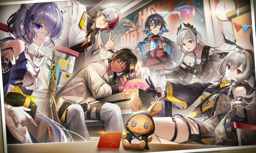 3boys 3girls ahoge arknights ascot banner belt black_dress black_gloves black_hair black_headwear black_jacket black_shirt black_sleeves blue_ascot blue_eyes blue_hair bow brown_coat cake choshanland_plushy_(arknights) clock closed_eyes coat collar colored_inner_hair commentary dark-skinned_male dark_skin detached_sleeves dress elysium_(arknights) english_commentary eyepatch feathered_wings feet_out_of_frame finger_to_mouth food gift gift_card gloves grey_hair hair_bow hair_over_one_eye happy_birthday hat head_rest highres holding holding_gift indoors infection_monitor_(arknights) irene_(arknights) jacket looking_at_viewer lumen_(arknights) medical_eyepatch multicolored_hair multiple_belts multiple_boys multiple_girls nurse_cap pants photo_(object) pienahenggou pointy_ears purple_hair red_eyes redhead rhodes_island_logo_(arknights) scar scar_across_eye shirt short_hair sitting smile streaked_hair string_of_flags table thigh_strap thorns_(arknights) upper_body v weedy_(arknights) whisperain_(arknights) white_coat white_collar white_dress white_gloves white_headwear white_pants wings