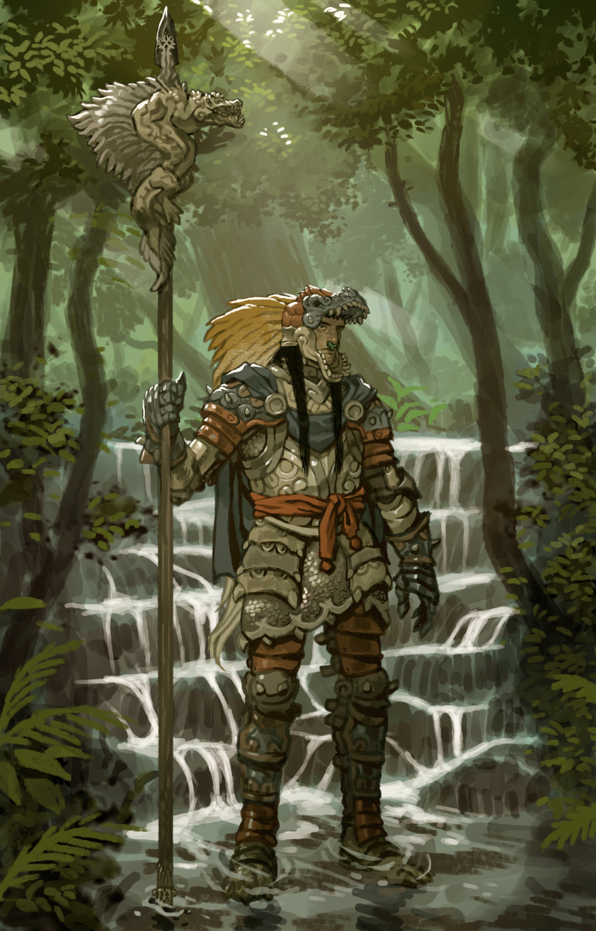 1boy arm_at_side armor aztec boots closed_mouth cromwaits fern forest full_body greaves hand_up highres holding holding_polearm holding_weapon nature nose_piercing nose_ring original outdoors piercing plate_armor polearm shallow_water solo spear standing sunlight tree water waterfall weapon