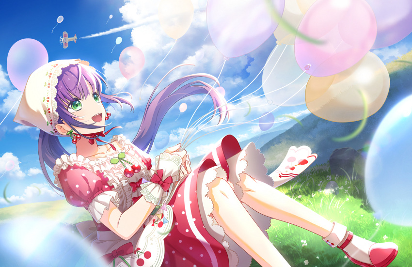 1girl :d aircraft airplane balloon biplane blue_sky blurry blurry_foreground bow cherry_earrings clouds collarbone dress dress_bow earrings floating_hair food-themed_clothes food-themed_earrings frilled_dress frills game_cg green_eyes hat highres holding holding_balloon jewelry knees_up lace_wrist_cuffs link!_like!_love_live! long_hair looking_up love_live! official_alternate_costume official_art on_grass open_mouth otomune_kozue ponytail puffy_short_sleeves puffy_sleeves purple_hair red_bow red_dress red_footwear short_sleeves sidelocks sitting sky smile smoke_trail socks solo teeth third-party_source upper_teeth_only virtual_youtuber white_dress white_hat white_socks white_wrist_cuffs wrist_cuffs