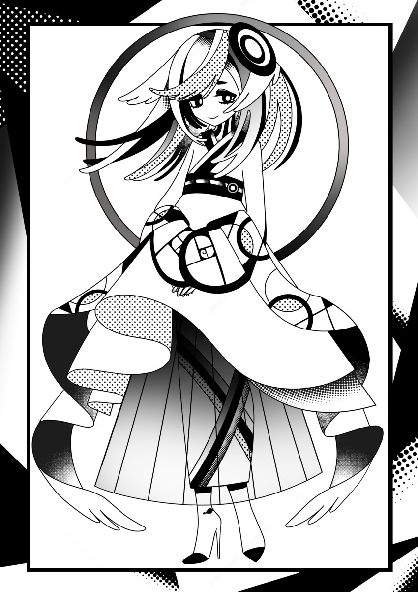 1girl boots border closed_mouth commentary dress floating_hair full_body golden_spiral greyscale hair_ornament halftone high_heel_boots high_heels highres long_hair long_sleeves looking_at_viewer machigami_yoh monochrome multicolored_hair original own_hands_together print_dress smile solo standing stiletto_heels