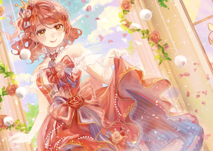 1girl blue_bow blunt_bangs blush bow bracelet breasts collar crown detached_collar detached_sleeves dress drop_earrings earrings flower frilled_collar frilled_dress frills gem gloves gold_trim gold_trim_bow hair_flower hair_ornament hairclip highres jewelry lace lace_gloves leaf looking_at_viewer love_live! love_live!_nijigasaki_high_school_idol_club medium_hair orange_hair pearl_bracelet pendant pink_flower pink_hair pink_rose porkmisonico red_bow red_flower red_ribbon red_rose ribbon rose skirt sky sleeve smile sparkle striped_clothes striped_dress uehara_ayumu vertical-striped_clothes vertical-striped_dress window yellow_eyes