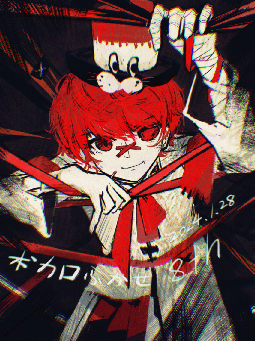 1boy asymmetrical_clothes asymmetrical_coat bandaid bandaid_on_face bandaid_on_nose closed_mouth coat colored_eyepatch dated english_text eyepatch fukase glitch hair_between_eyes hat highres holding limited_palette looking_at_viewer male_focus messy_hair pale_skin red_eyes redhead ryuh_(asahina_neru) smile solo top_hat vocaloid white_coat