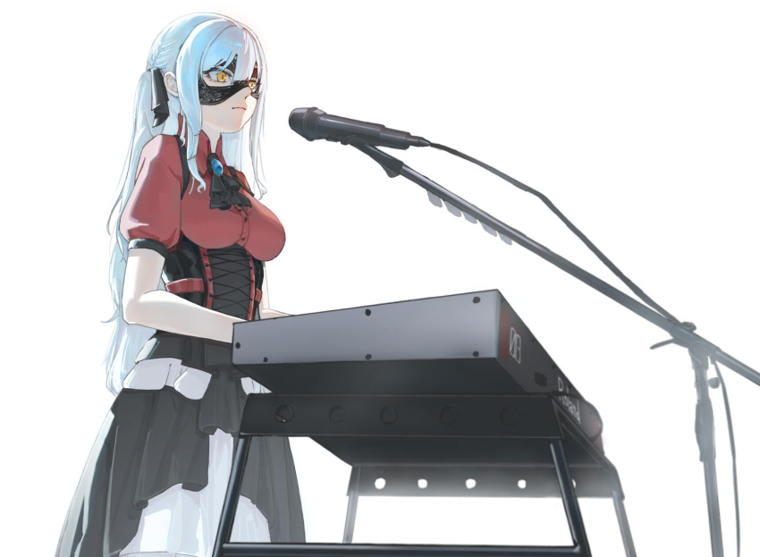 1girl ascot bang_dream! bang_dream!_it's_mygo!!!!! black_ascot black_corset black_mask black_ribbon black_skirt blue_brooch blue_hair closed_mouth collared_shirt commentary_request corset cowboy_shot domino_mask expressionless hair_ribbon highres instrument keyboard_(instrument) long_hair mask microphone red_shirt ribbon shiki47 shirt simple_background skirt solo togawa_sakiko two_side_up white_background yellow_eyes