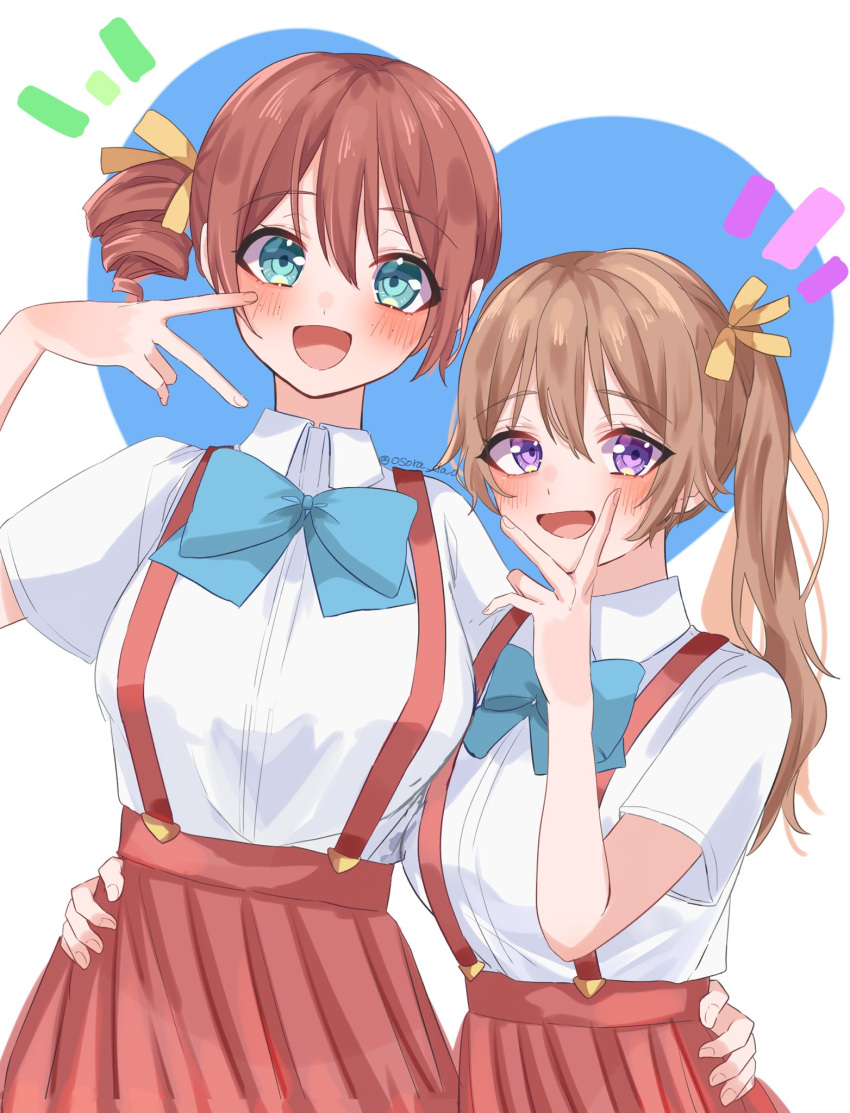 2girls :d aqua_eyes arm_around_waist blue_bow blue_bowtie blush bow bowtie breasts brown_hair collared_shirt commentary drill_hair emma_verde hair_between_eyes hair_ribbon hand_on_another's_waist heart height_difference highres konoe_kanata large_breasts light_brown_hair long_hair looking_at_viewer love_live! love_live!_nijigasaki_high_school_idol_club matching_outfits multiple_girls open_mouth osora_dao pleated_skirt red_skirt ribbon shirt short_sleeves side_drill side_ponytail skirt smile standing suspender_skirt suspenders twitter_username upper_body v v_over_mouth violet_eyes white_background white_shirt