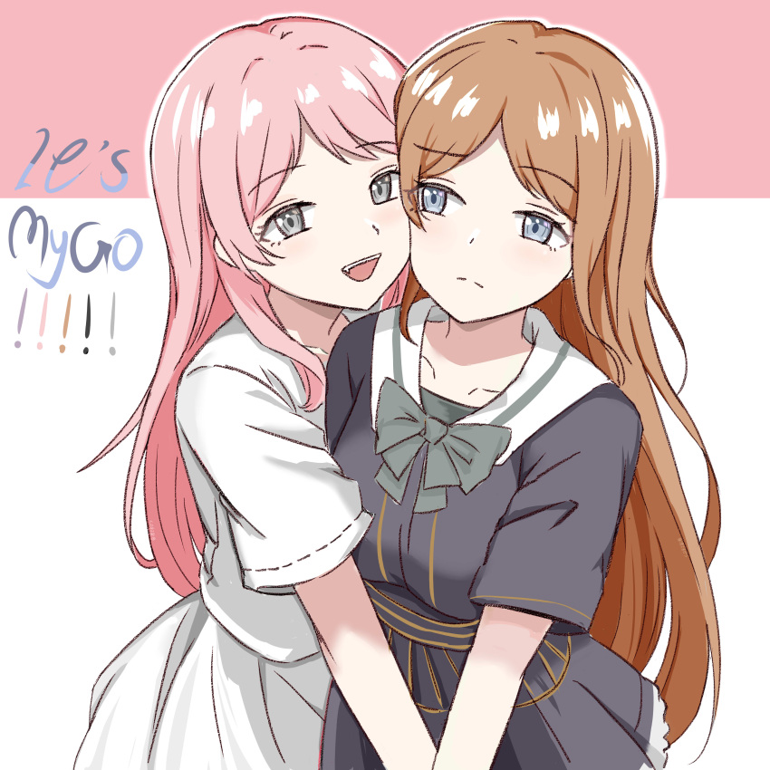 2girls absurdres bang_dream! bang_dream!_it's_mygo!!!!! black_dress blue_eyes bow bowtie brown_hair cheek-to-cheek chihaya_anon closed_mouth commentary_request copyright_name dress fang green_bow green_bowtie grey_eyes heads_together highres hug long_hair multiple_girls nagasaki_soyo open_mouth pink_background pink_hair pleated_skirt rindesugesu shirt short_sleeves skirt smile two-tone_background upper_body white_background white_shirt white_skirt yuri