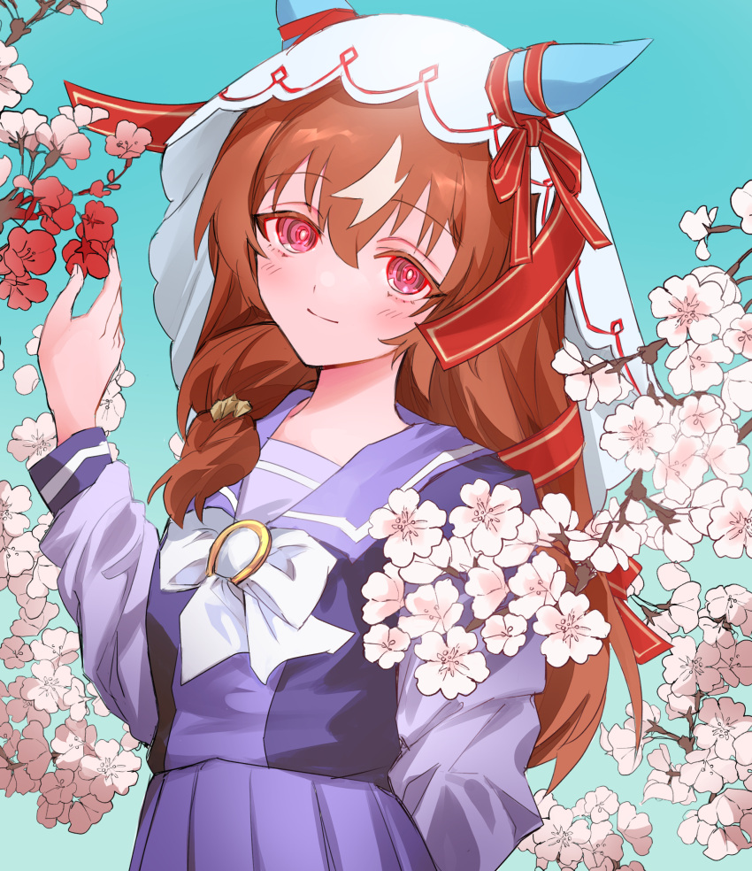 1girl animal_ears blue_background breasts brown_hair cherry_blossoms commentary_request flower highres horse_ears horse_girl moffumoto portrait red_eyes school_uniform simple_background small_breasts smile solo still_in_love_(umamusume) tracen_school_uniform umamusume veil
