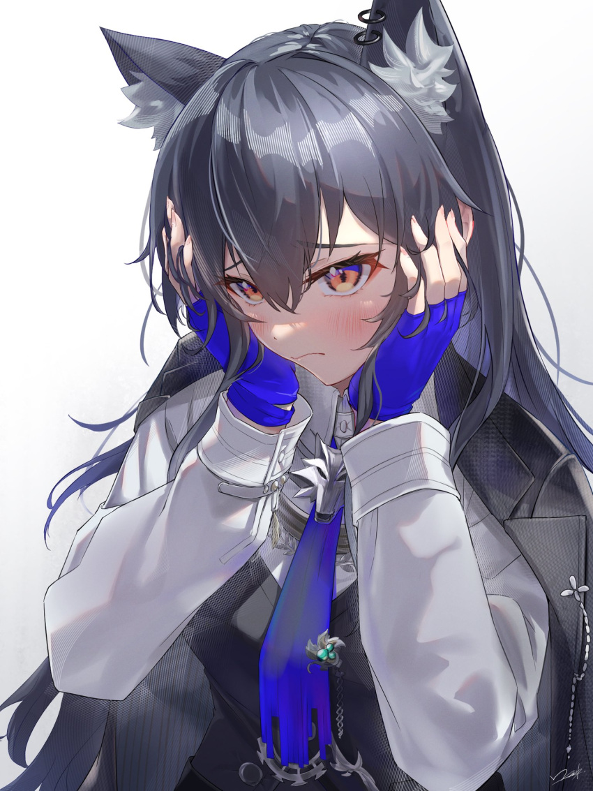 1girl animal_ears arknights black_hair blue_gloves blush brown_eyes dress_shirt ear_piercing fingerless_gloves gloves hands_on_own_face highres jacket necktie open_clothes open_jacket piercing shirt solo texas_(arknights) texas_the_omertosa_(arknights) wolf_ears yukai_nao