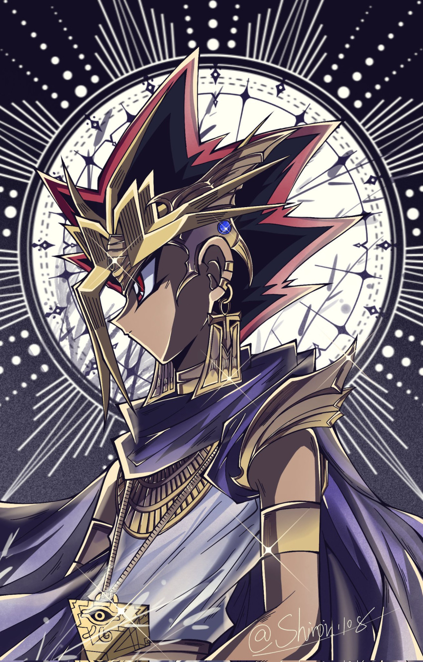 1boy ankh atem black_hair blonde_hair blue_cape cape dark-skinned_male dark_skin earrings egyptian_clothes from_side highres jewelry millennium_puzzle multicolored_hair red_eyes redhead shiroi_1108 solo twitter_username two-tone_hair upper_body yu-gi-oh! yu-gi-oh!_duel_monsters