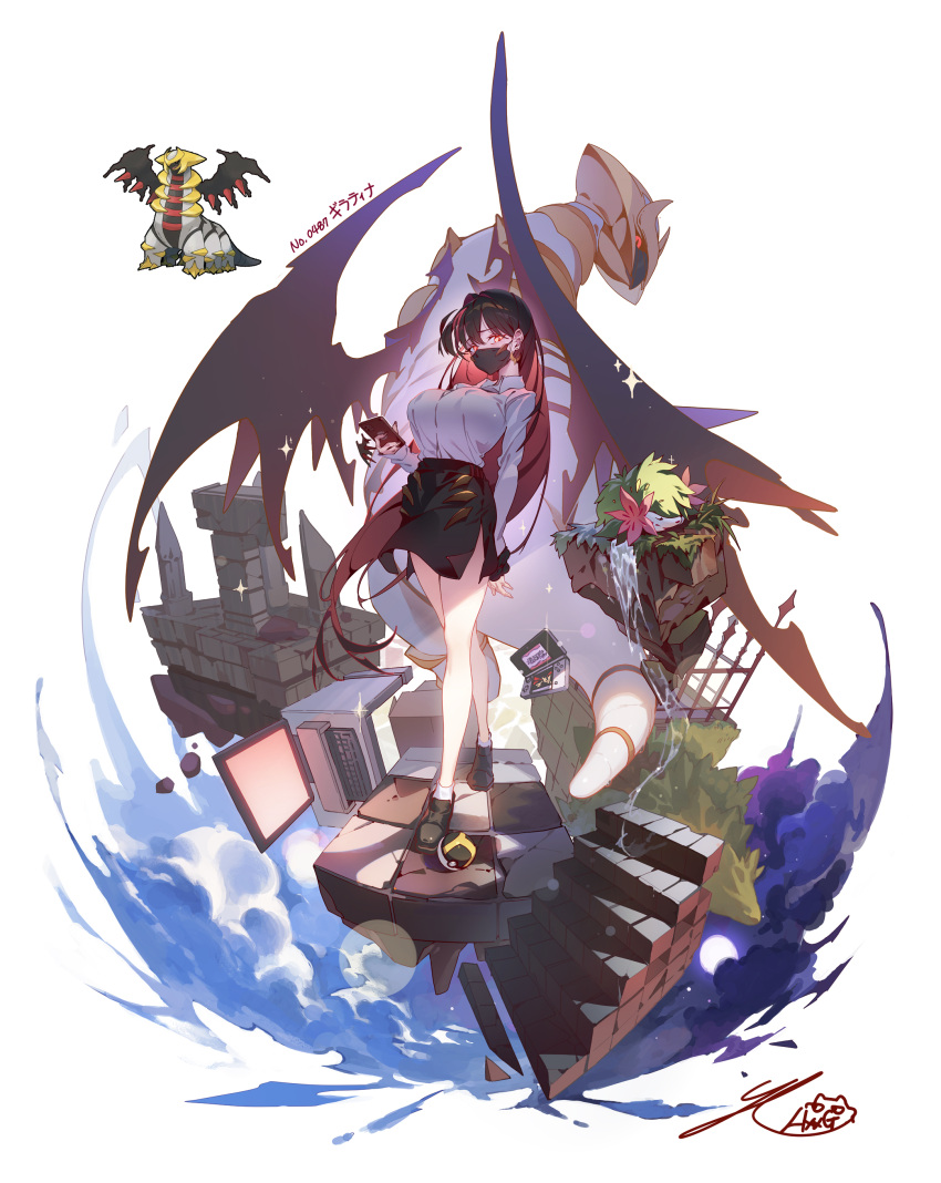 1girl absurdres black_footwear black_hair black_skirt black_wings breasts cellphone collared_shirt colored_inner_hair crossed_legs earrings fence floating_rock full_body giratina giratina_(altered) glowing glowing_eyes hair_intakes highres holding holding_phone huge_breasts hxxg iron_fence jewelry keyboard_(computer) looking_at_viewer mask monitor mouth_mask multicolored_hair nintendo_2ds pencil_skirt personification phone poke_ball pokemon red_eyes redhead reference_inset ruins shaymin shirt side_slit signature skirt sleeping smartphone socks stairs standing streaked_hair tile_floor tiles tree ultra_ball water waterfall watson_cross white_background white_shirt white_socks wings