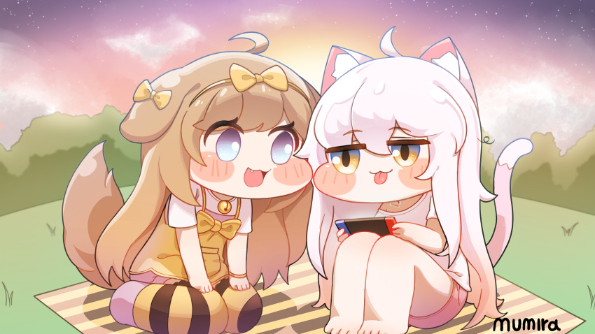 2girls :3 :p absurdres ahoge animal_ear_fluff animal_ears barefoot bell blue_eyes blush_stickers bow brown_eyes brown_hair butter_(trickcal) cat_ears cat_girl cat_tail chibi clouds dog_ears dog_girl dog_tail eye_contact face-to-face fang feet hair_bow highres jingle_bell komi_(trickcal) long_hair looking_at_another messy_hair multiple_girls mumira_(huti1234) neck_bell nintendo_switch open_mouth outdoors pink_footwear pink_hair pink_shorts playing_games ribbon shirt shoes short_sleeves shorts sitting sky smile striped_clothes striped_thighhighs tail thigh-highs toes tongue tongue_out trickcal very_long_hair white_shirt yellow_shirt