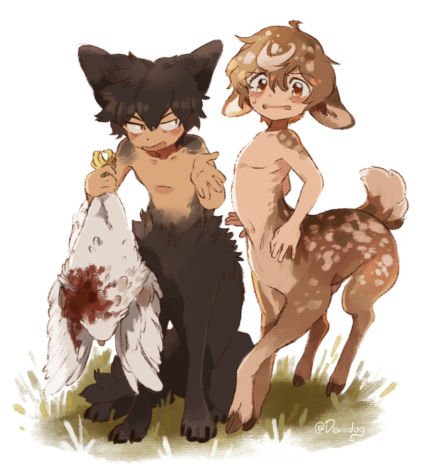 2boys animal animal_ears artist_name bird brown_eyes brown_fur brown_hair carcass centauroid chicken child claws commentary dead_animal deer_boy deer_ears deer_tail deviidog0 ears_down full_body grass hands_up highres holding holding_animal hooves looking_at_another looking_at_viewer male_focus monster_boy multicolored_hair multiple_boys open_mouth original outdoors short_hair simple_background sitting standing streaked_hair symbol-only_commentary tail taur twitter_username two-tone_hair white_background wolf_boy wolf_ears wolf_tail