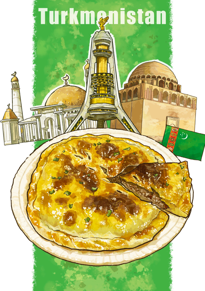 absurdres architecture bmu_s building cottage_pie food food_focus highres no_humans original pie plate tower turkmenistan turkmenistan_flag