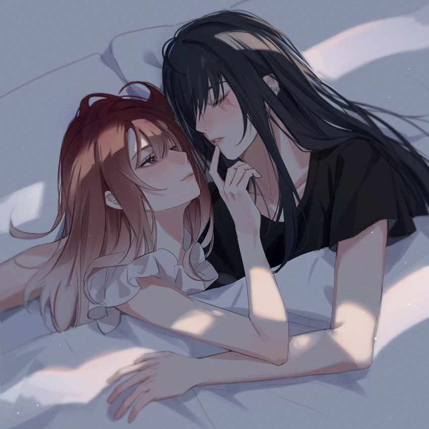 2girls bare_arms black_hair black_shirt blush chinese_commentary closed_eyes closed_mouth commentary_request cuddling finger_to_another's_mouth gradient_hair grey_hair highres light_particles long_hair looking_at_another miix777 morning multicolored_hair multiple_girls on_bed parted_lips path_to_nowhere pillow rahu_(path_to_nowhere) redhead scar scar_across_eye shalom_(path_to_nowhere) shirt short_sleeves sleeping smile under_covers upper_body white_hair white_shirt yuri