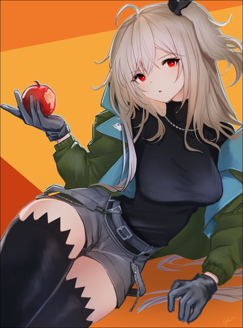 1girl absurdres ahoge apple arknights belt belt_buckle black_shirt black_thighhighs breasts buckle commentary_request food fruit gloves green_jacket grey_belt grey_gloves grey_shorts hair_between_eyes highres holding holding_food holding_fruit jacket light_brown_hair long_hair long_sleeves looking_at_viewer medium_breasts off_shoulder one_side_up open_clothes open_jacket orange_background parted_lips puffy_long_sleeves puffy_sleeves red_apple red_eyes shirt short_shorts shorts skadi_(arknights) skadi_(the_next_afternoon_tea)_(arknights) solo thigh-highs yellow_background yunnasu