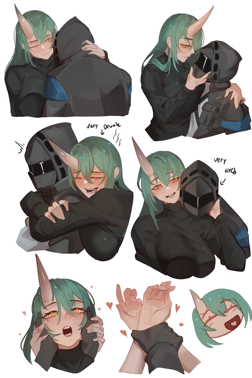 1boy 1girl absurdres arknights black_gloves breasts commentary doctor_(arknights) english_commentary english_text gloves green_hair hand_on_another's_cheek hand_on_another's_face heart hetero highres hood hooded_jacket horns hoshiguma_(arknights) hug jacket long_hair mask najashi open_mouth simple_background single_horn skin-covered_horns teeth white_background yellow_eyes