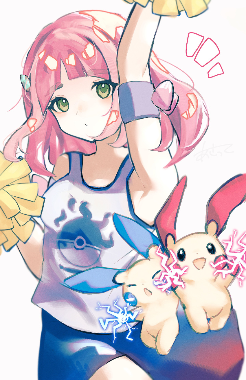 1girl absurdres arm_up armband artist_name asatte_3z bare_shoulders blue_skirt cheerleader electricity green_eyes grey_armband hair_ornament hand_up highres holding holding_pom_poms lacey_(pokemon) miniskirt minun mismatched_eyebrows parted_bangs pink_hair plusle pokemon pokemon_(creature) pokemon_sv pom_pom_(cheerleading) short_hair simple_background skirt tank_top white_background white_tank_top
