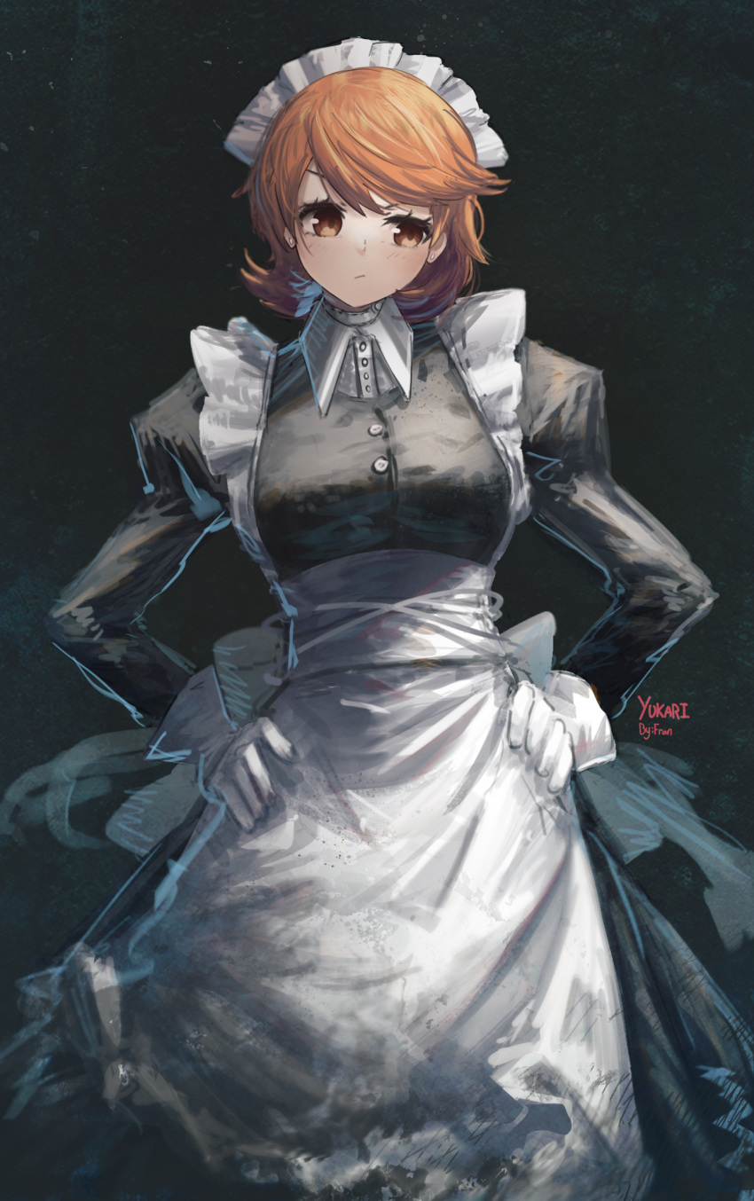 1girl alternate_costume apron black_dress blush brown_eyes brown_hair character_name closed_mouth collared_shirt commentary dress earrings enmaided eyebrows_hidden_by_hair franlol frilled_apron frills gloves hands_on_own_hips highres jewelry juliet_sleeves long_sleeves looking_to_the_side maid maid_headdress persona persona_3 puffy_sleeves shirt solo stud_earrings takeba_yukari white_apron white_gloves white_shirt