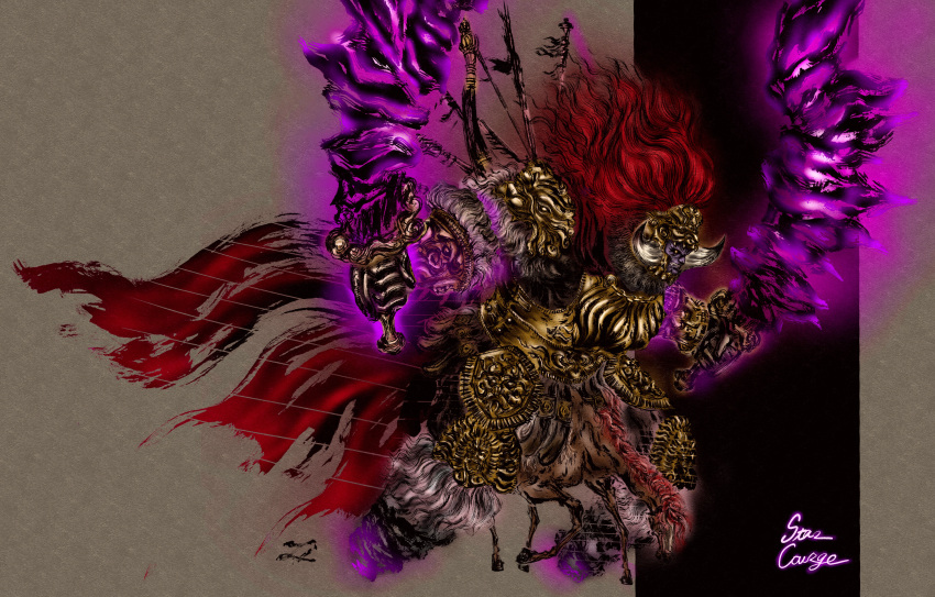 1boy absurdres amputee animal_helmet armor boots bow_(weapon) breastplate cape clenched_teeth colored_skin deadpool_yuchan double_amputee dual_wielding elden_ring english_text fake_horns fur-trimmed_armor fur-trimmed_boots fur-trimmed_gloves fur_trim gloves gold_armor gradient_background helmet highres holding holding_sword holding_weapon horned_helmet horns horse horseback_riding impaled leonard_(elden_ring) long_hair male_focus purple_skin red_cape redhead riding shoulder_armor signature stab starscourge_radahn sword teeth torn_cape torn_clothes weapon weapon_on_back yellow_eyes