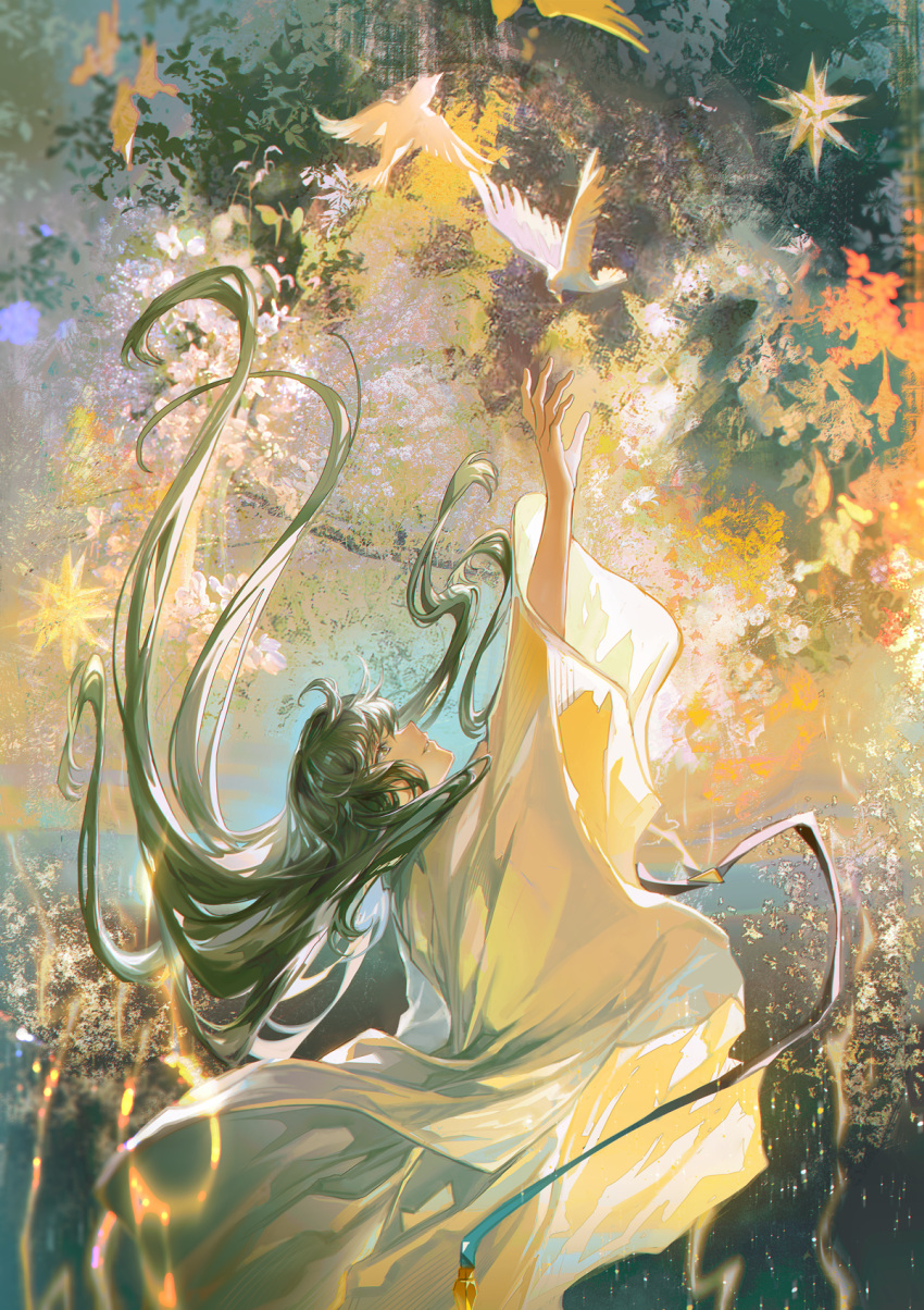 1other bird cangchen enkidu_(fate) fate/grand_order fate_(series) green_eyes green_hair highres long_hair looking_up profile reaching robe tree white_bird white_robe