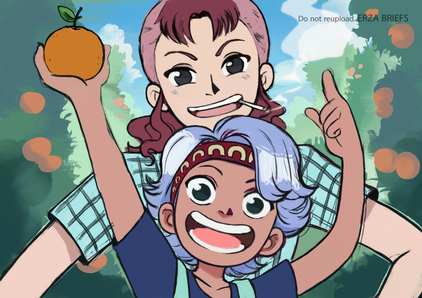 2girls absurdres aged_down arms_up artist_name bellemere blue_eyes blue_hair blue_shirt child commentary erza_briefs food fruit headband highres holding holding_food looking_at_viewer mandarin_orange mother_and_daughter multiple_girls nojiko one_piece ponytail redhead shaved_head shirt short_hair smile smoke t-shirt teeth upper_teeth_only