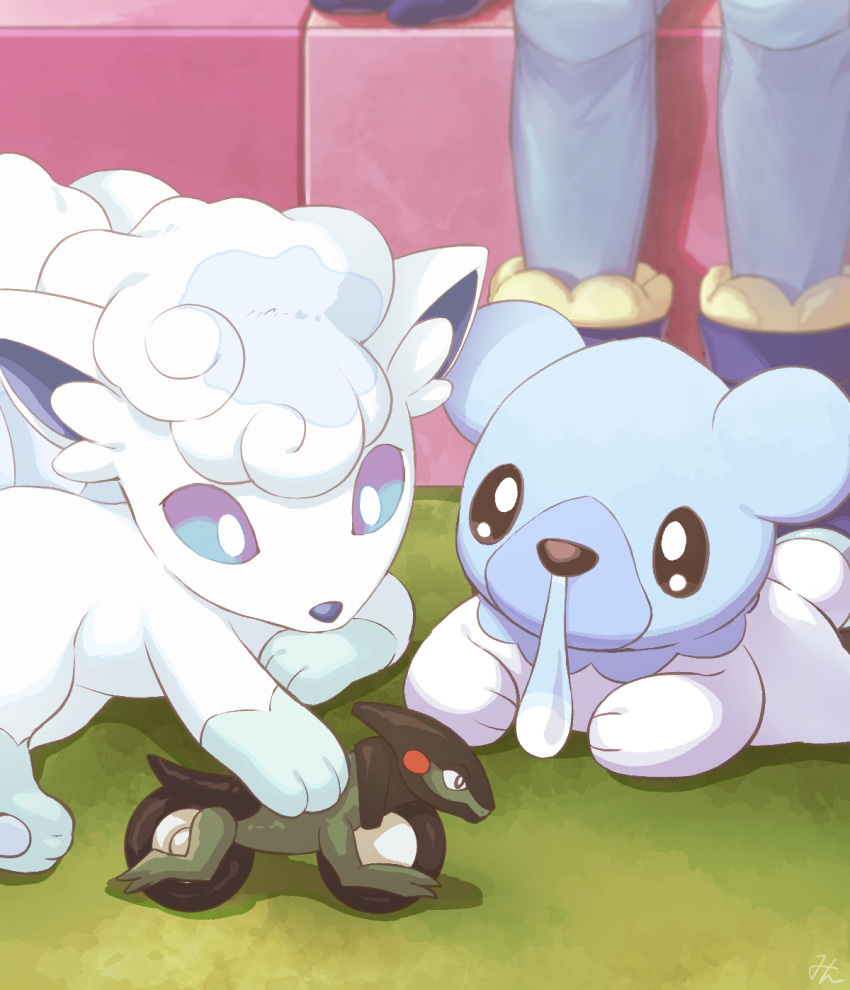 1boy alolan_vulpix blue_footwear boots character_doll commentary_request couch cubchoo cyclizar doll grusha_(pokemon) highres holding holding_doll indoors male_focus min_(myna8247) mittens pants pokemon pokemon_(creature) pokemon_sv signature sitting