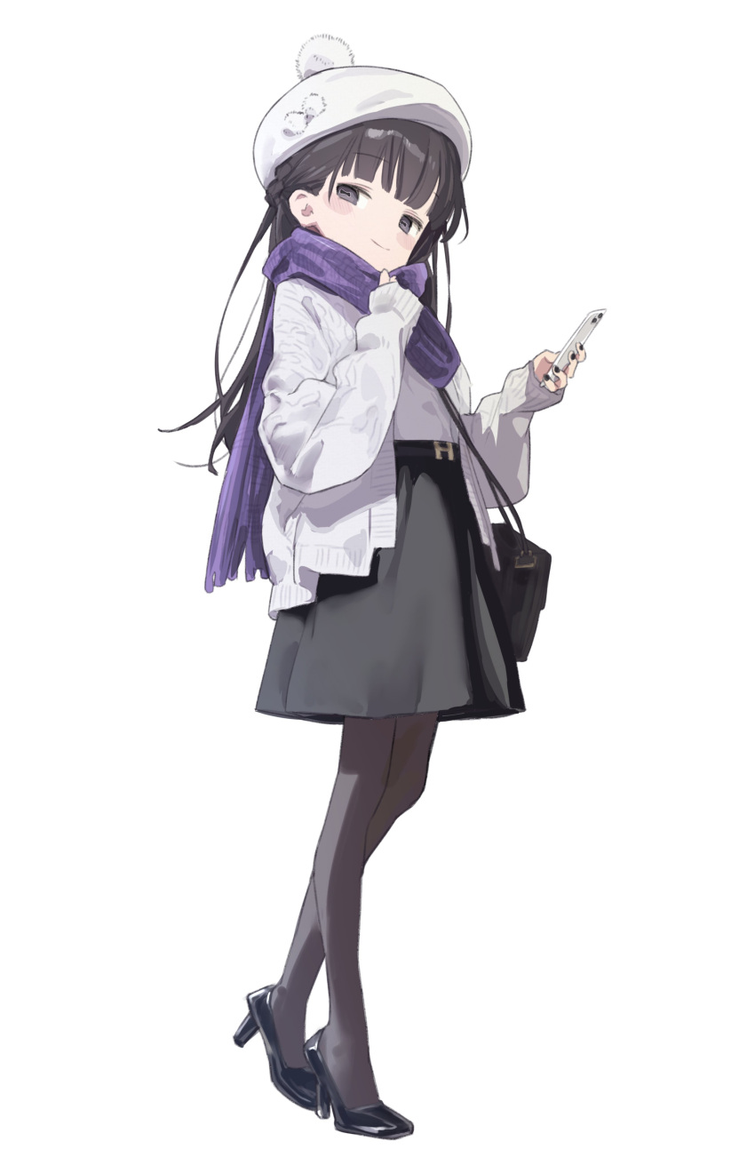 1girl absurdres bag beanie black_eyes black_hair black_nails blush_stickers cardigan cellphone full_body handbag hat high-waist_skirt high_heels highres holding holding_phone long_hair looking_at_viewer matcha_(mattyan) open_cardigan open_clothes original pantyhose phone purple_scarf scarf simple_background skirt smartphone smile solo white_background