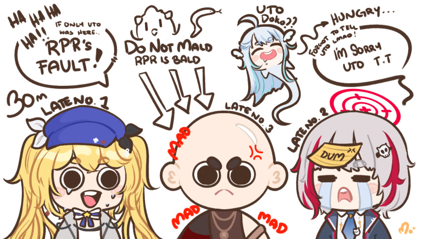1boy 3girls amatsuka_uto angel angry bald black_skirt blonde_hair blue_hair blue_hat blue_jacket blue_necktie chibi crying dokibird_(vtuber) dtto. dtto._(2nd_costume) english_commentary hair_ornament hitominty jacket laughing multicolored_hair multiple_girls necktie redhead reject_(esports) rpr shirt short_hair skirt skull_hair_ornament twintails utaite virtual_youtuber white_hair white_shirt