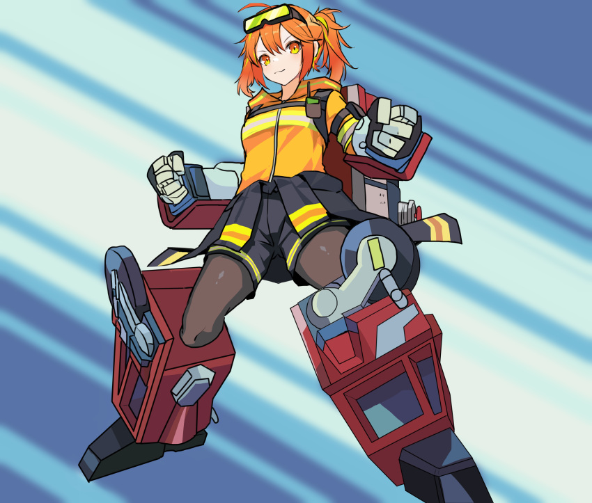 1girl black_pantyhose black_shorts breasts chelsea_(neural_cloud) chest_harness clenched_hands cosplay fire_convoy fire_convoy_(cosplay) girls'_frontline_neural_cloud girls_frontline goggles goggles_on_head hair_behind_ear harness highres jacket looking_at_viewer mecha_musume medium_breasts orange_eyes orange_jacket pantyhose ponytail shorts smile solo transformers transformers_car_robots v-shaped_eyebrows walkie-talkie yanagui