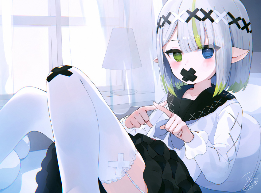 1girl bed black_sailor_collar black_skirt blue_eyes blush commentary_request copyright_request curtains day feet_out_of_frame garter_straps green_eyes green_hair grey_hair hair_ornament heterochromia highres indoors knees_together_feet_apart knees_up layered_skirt long_sleeves looking_at_viewer multicolored_hair nishi_yasuaki pillow pleated_skirt pointy_ears puffy_long_sleeves puffy_sleeves sailor_collar school_uniform serafuku shirt signature skirt solo streaked_hair sunlight thigh-highs transparent white_shirt white_thighhighs window x_fingers x_hair_ornament