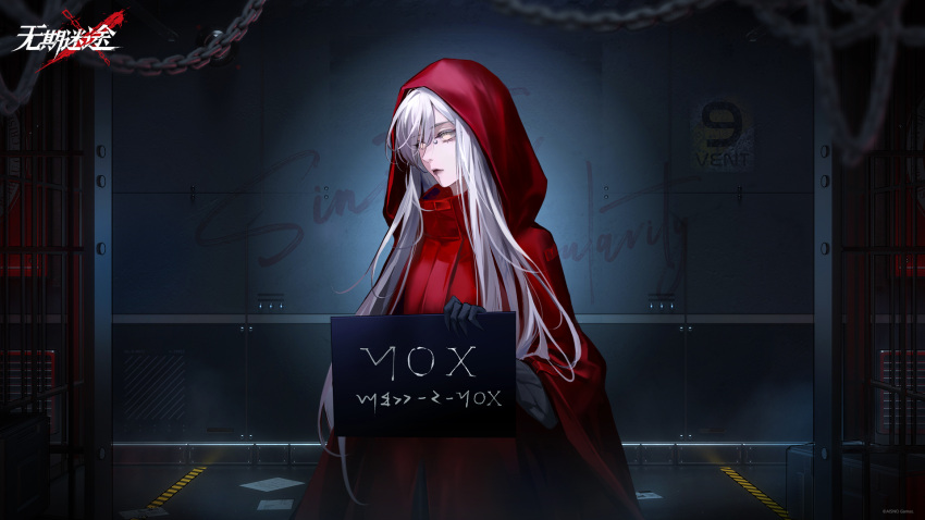 1girl against_wall black_gloves chain character_name cloak closed_mouth copyright_name elbow_gloves expressionless gloves grey_lips hand_up highres holding holding_sign hood hood_up hooded_cloak indoors logo long_hair looking_to_the_side mugshot no_pupils nose_bridge_piercing nox_(path_to_nowhere) official_art official_wallpaper path_to_nowhere prison_cell prison_clothes red_cloak sign solo upper_body white_eyelashes white_eyes white_hair