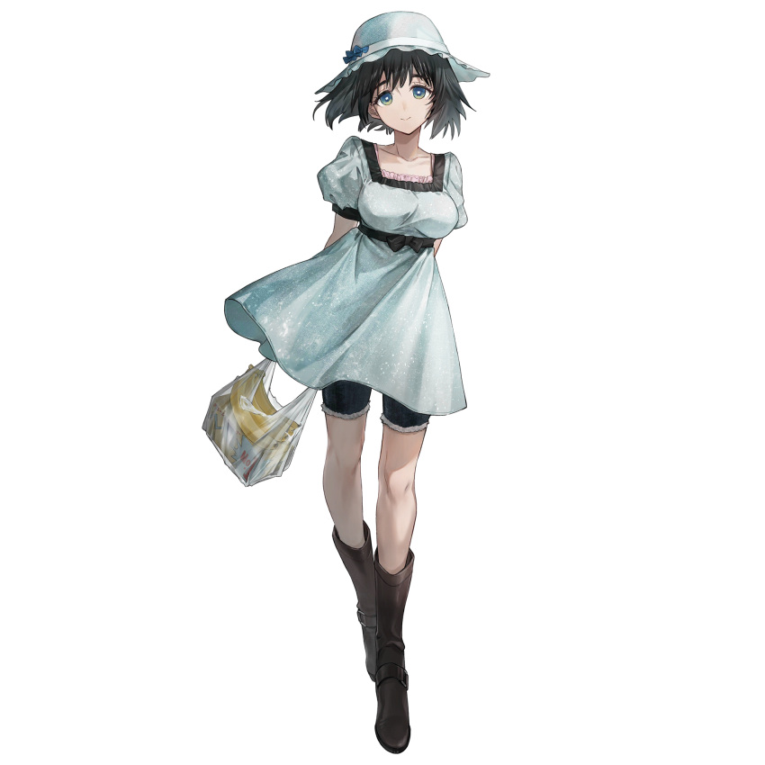 1girl arms_behind_back bag banana black_hair blue_dress blue_hair boots bright_pupils brown_footwear closed_mouth collarbone denim denim_shorts dress food fruit full_body girls'_frontline_neural_cloud green_eyes hair_ribbon highres looking_at_viewer official_art plastic_bag puffy_short_sleeves puffy_sleeves ribbon shiina_mayuri short_hair short_sleeves shorts shorts_under_dress simple_background solo standing steins;gate tachi-e third-party_source transparent_background white_ribbon