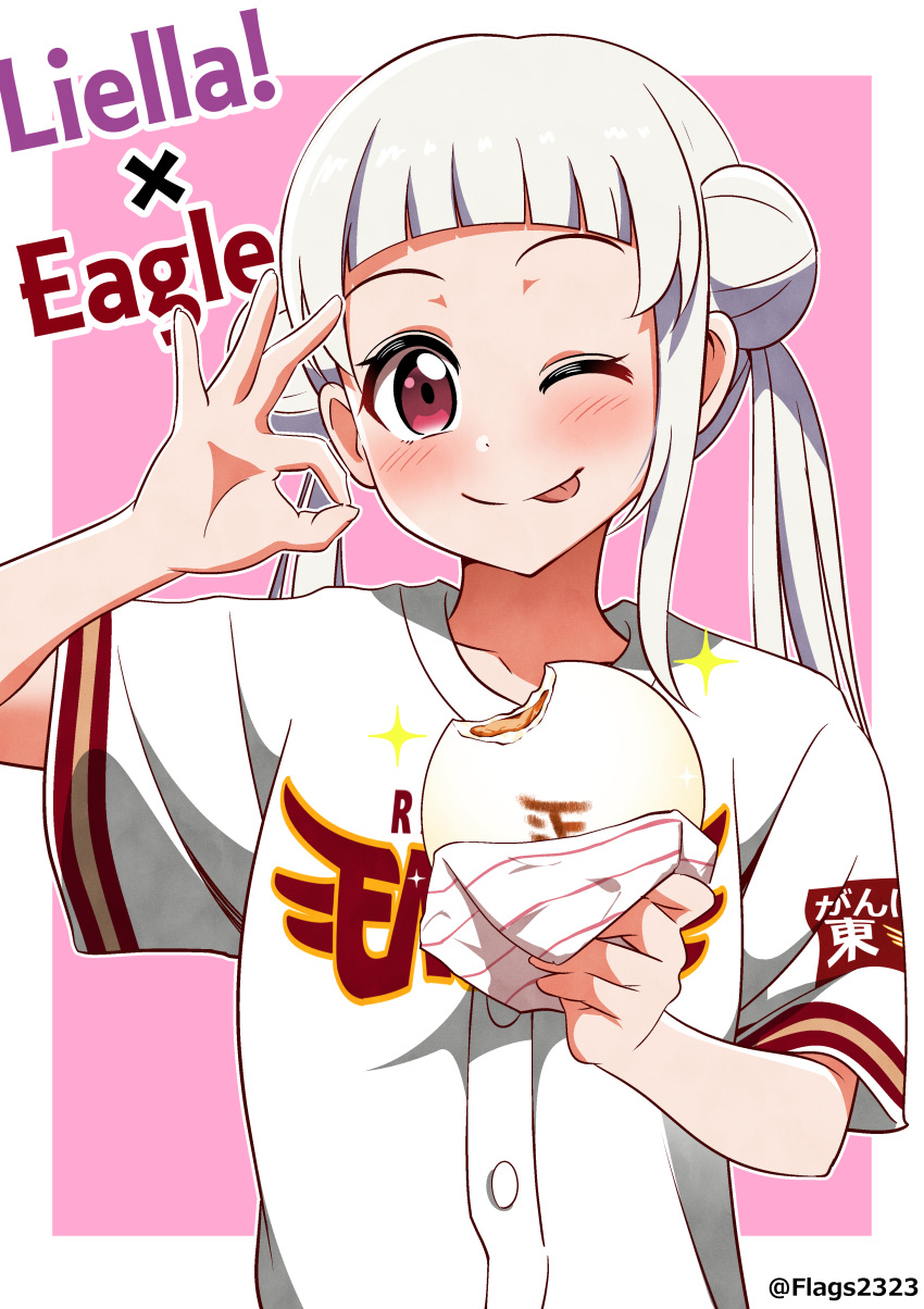 1girl ;p absurdres arashi_chisato baozi baseball_jersey blunt_bangs blush border collarbone commentary_request double_bun food group_name hair_bun highres holding holding_food looking_at_viewer love_live! love_live!_superstar!! medium_hair nippon_professional_baseball ok_sign one_eye_closed outside_border pakudehon pink_background red_eyes shirt short_sleeves single_sidelock solo sparkle standing tongue tongue_out touhoku_rakuten_golden_eagles twintails upper_body white_border white_hair white_shirt