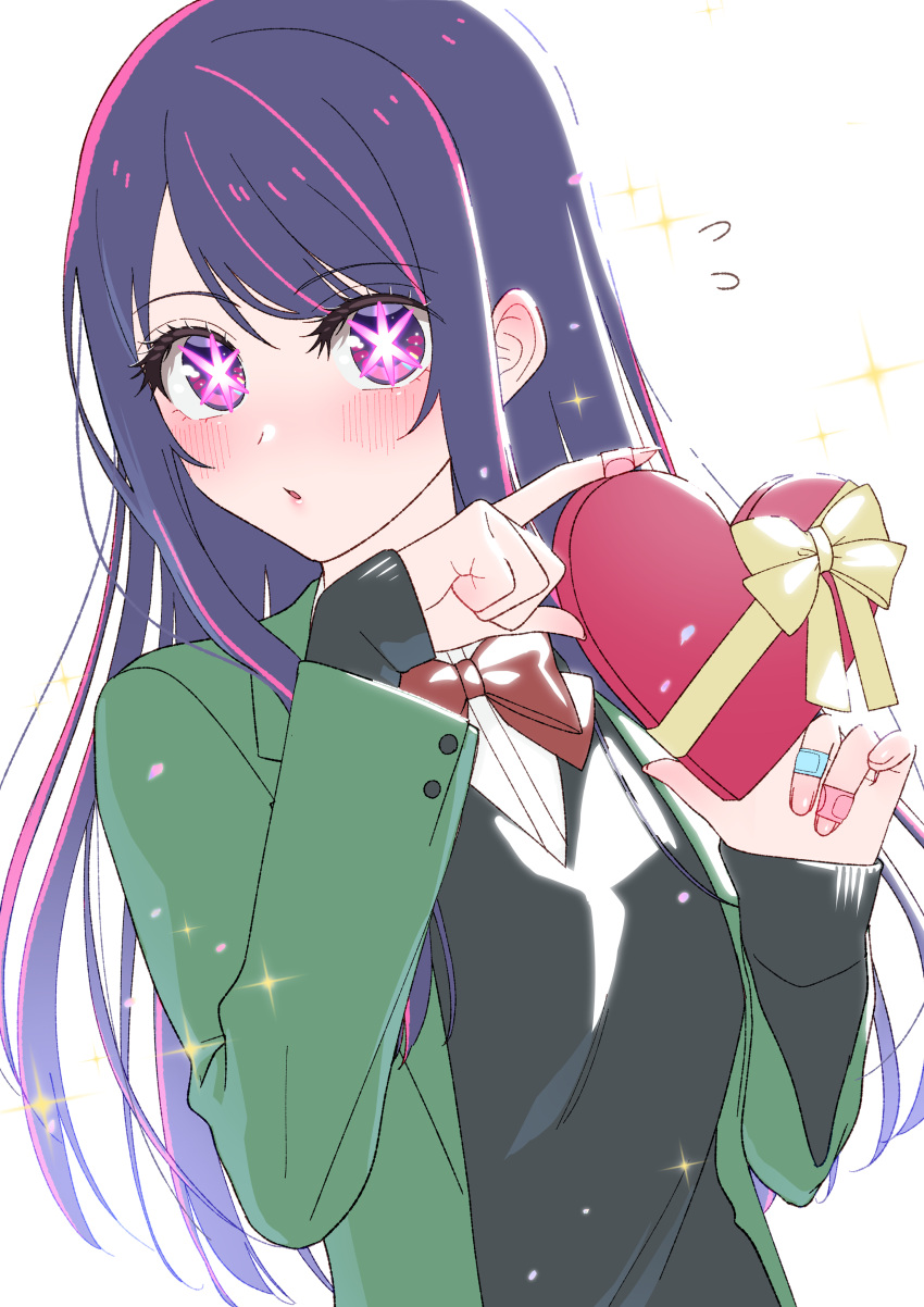 1girl :o absurdres blush bow bowtie box green_jacket hair_between_eyes heart-shaped_box highres holding hoshino_ai_(oshi_no_ko) jacket long_hair looking_at_viewer open_mouth oshi_no_ko purple_hair red_bow red_bowtie solo star-shaped_pupils star_(symbol) symbol-shaped_pupils tachibana_reiya valentine violet_eyes white_background