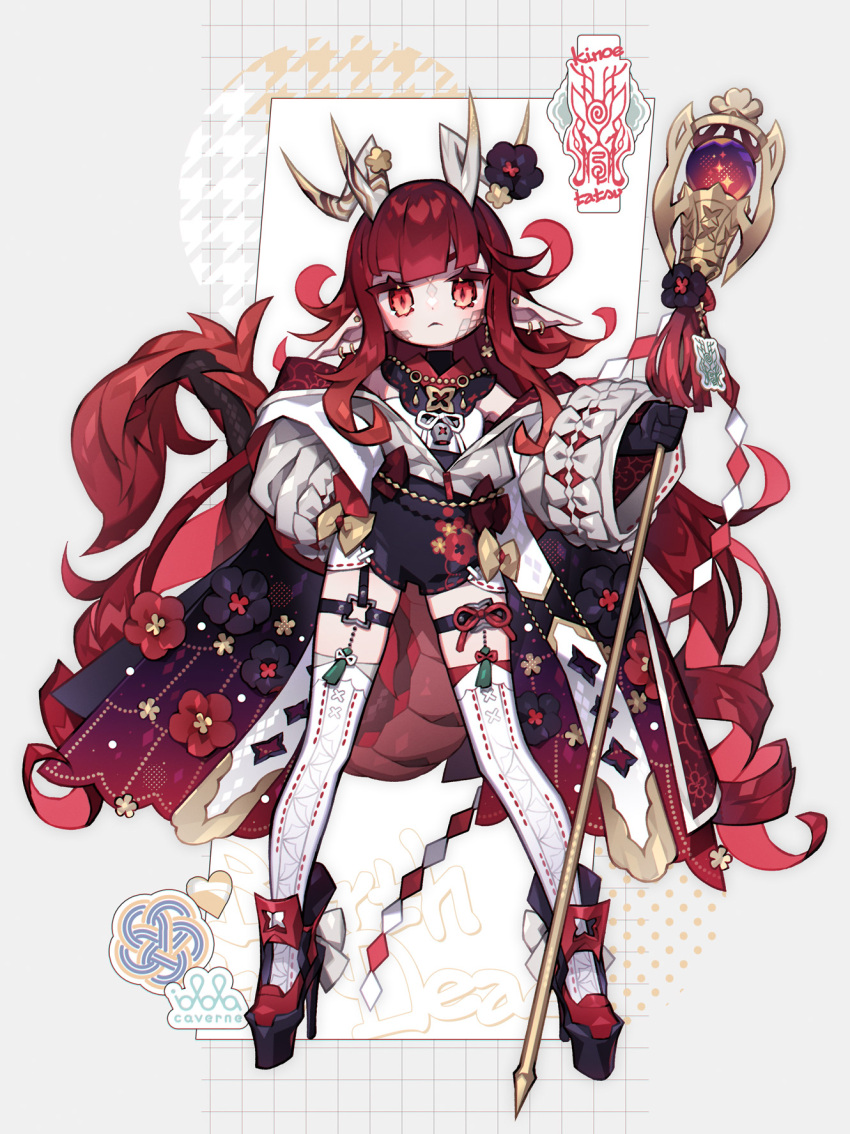1girl artist_logo black_flower black_gloves chinese_zodiac dragon_tail earrings flower flower_ornament gloves high_heels highres holding holding_staff horns idola jewelry long_hair looking_at_viewer multiple_earrings nontraditional_miko original pointy_ears red_eyes red_flower red_tail ribbon scales solo staff stud_earrings tail thigh-highs thigh_strap white_ribbon white_thighhighs year_of_the_dragon