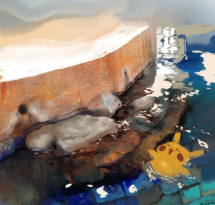 closed_eyes commentary_request floating highres lying no_humans on_back open_mouth outdoors partially_submerged pikachu pokemon pokemon_(creature) pond ripples rock signature solo water yudeedamame_(zundamame)