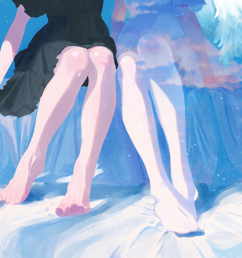 2girls angel arm_support barefoot black_dress clouds commentary_request dress feet head_out_of_frame highres imawanokiwa_(vocaloid) legs light_particles multiple_girls no_shoes on_bed pantyhose see-through_body short_dress short_sleeves side-by-side sitting toes vocaloid white_dress white_pantyhose wings zarame_(zarame_utau)