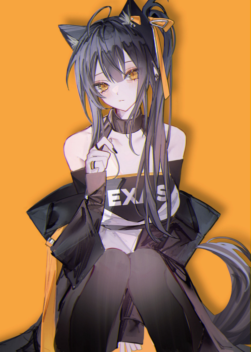 0_(znanimo) 1girl ahoge animal_ears arknights black_hair commentary highres knees_together_feet_apart long_hair looking_at_viewer side_ponytail simple_background sleeves_past_wrists solo tail texas_(arknights) wolf_ears wolf_girl wolf_tail yellow_background yellow_eyes