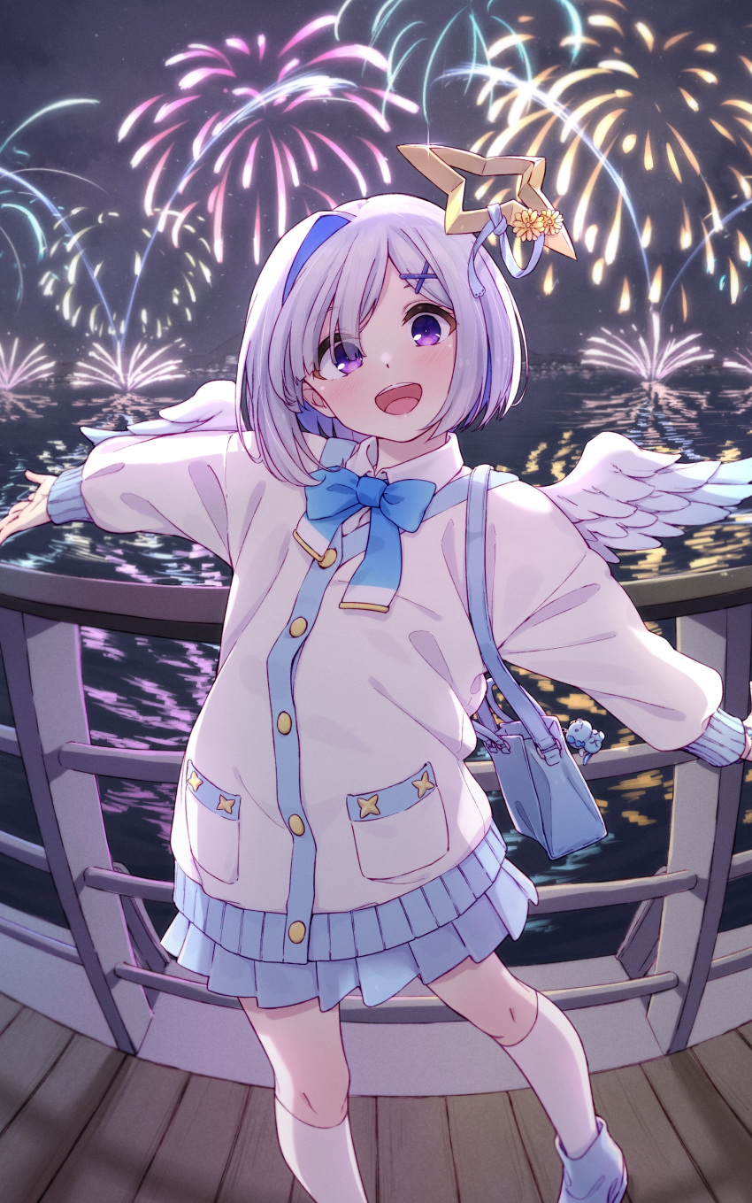1girl :d absurdres aerial_fireworks alternate_costume amane_kanata angel_wings asymmetrical_bangs asymmetrical_hair bag blue_bag blue_footwear blue_hair blue_ribbon blue_skirt blue_wings bob_cut cardigan collared_shirt colored_inner_hair commentary_request feathered_wings fireworks fisheye gradient_wings grey_hair hair_over_one_eye halo highres hololive kneehighs looking_at_viewer mini_wings miniskirt multicolored_hair multicolored_wings neck_ribbon night outdoors outstretched_arms pleated_skirt railing ribbon school_uniform shirt shoes short_hair shoulder_bag single_hair_intake skirt smile sneakers socks solo spread_arms standing star_halo teeth upao_(amane_kanata) upper_teeth_only v-neck violet_eyes virtual_youtuber white_cardigan white_shirt white_socks white_wings wings yaaben