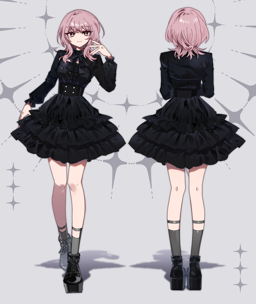 1girl absurdres black_bow black_bowtie black_dress black_footwear bow bowtie bright_pupils closed_mouth commentary_request danjou_sora dress eyes_visible_through_hair frilled_dress frilled_sleeves frills full_body grey_background grey_socks hand_in_own_hair hand_up highres kneehighs layered_dress light_smile long_sleeves looking_at_viewer medium_hair mole mole_under_eye multiple_views original pink_eyes pink_hair platform_footwear shoes socks sparkle standing white_pupils