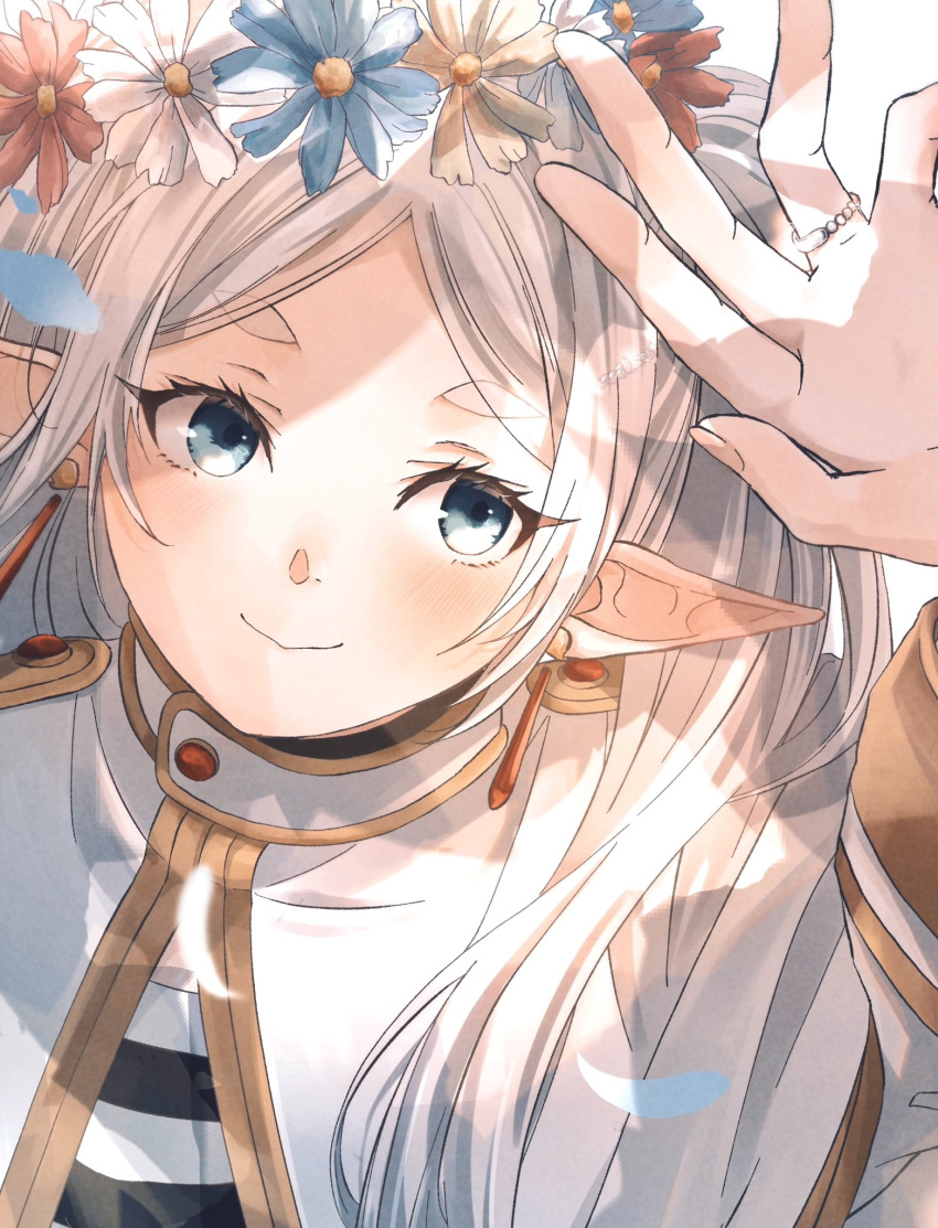 1girl arm_up blush capelet close-up commentary commentary_request dangle_earrings dappled_sunlight earrings elf flower frieren gold_trim green_eyes hand_up head_wreath highres jewelry omichi_1219 parted_lips pointy_ears ring shirt short_eyebrows smile solo sousou_no_frieren striped_clothes striped_shirt sunlight symbol-only_commentary thick_eyebrows upper_body white_capelet