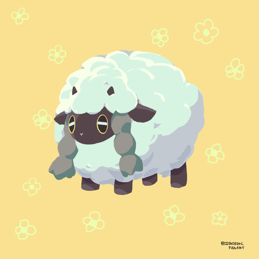 animal_focus commentary_request flower_(symbol) full_body highres no_humans pokemon pokemon_(creature) sheep solo standing twitter_username valentine_(02140314c) wooloo yellow_background