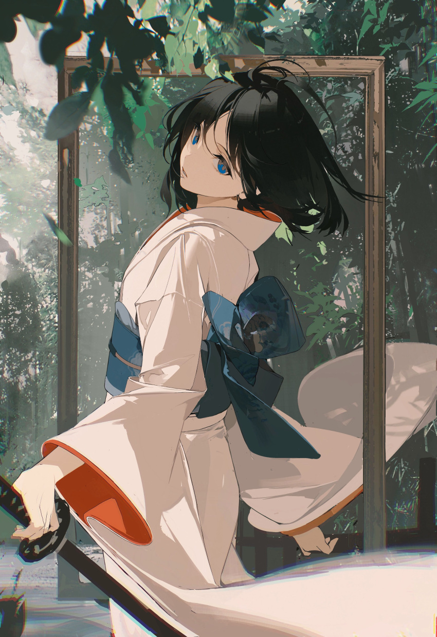 1girl absurdres ahoge back_bow black_hair blue_bow blue_eyes bow chongzhen_085 chromatic_aberration cowboy_shot day empty_picture_frame falling_leaves forest from_behind highres holding holding_sword holding_weapon japanese_clothes kara_no_kyoukai katana kimono leaf long_sleeves looking_at_viewer looking_back medium_hair nature obi outdoors parted_lips picture_frame ryougi_shiki sash sidelocks solo sword tree weapon white_kimono wide_sleeves