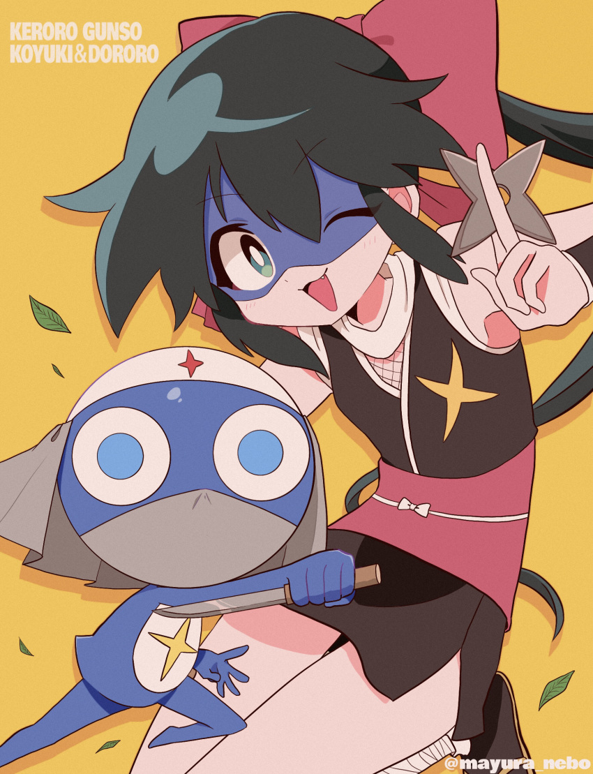 1boy 1girl azumaya_koyuki black_hair blue_eyes bow dororo_(keroro_gunsou) fang green_eyes hair_bow highres holding holding_shuriken holding_weapon keroro_gunsou long_hair looking_at_viewer mayura_nebo one_eye_closed open_mouth red_bow shuriken smile weapon