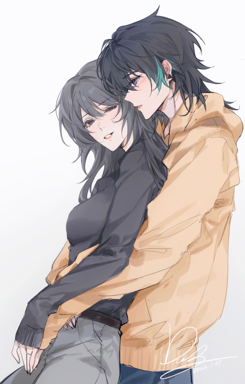 2girls alternate_costume black_eyes black_hair black_shirt blush breasts chief_(path_to_nowhere) cinnabar_(path_to_nowhere) commentary dated doo58455 female_chief_(path_to_nowhere) gradient_background grey_background half-closed_eyes highres hood hood_down hoodie hug hug_from_behind long_hair medium_breasts medium_hair multiple_girls orange_hoodie path_to_nowhere profile shirt signature sleeves_past_wrists smile upper_body violet_eyes yuri