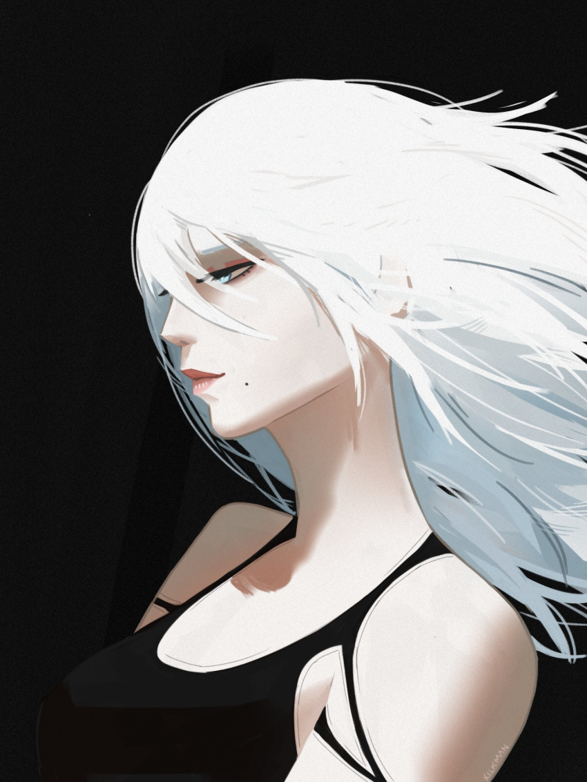 1girl a2_(nier:automata) android black_background blue_eyes breasts closed_mouth highres long_hair mole mole_under_mouth nier:automata nier_(series) simple_background solo tagme upper_body white_hair xilkman