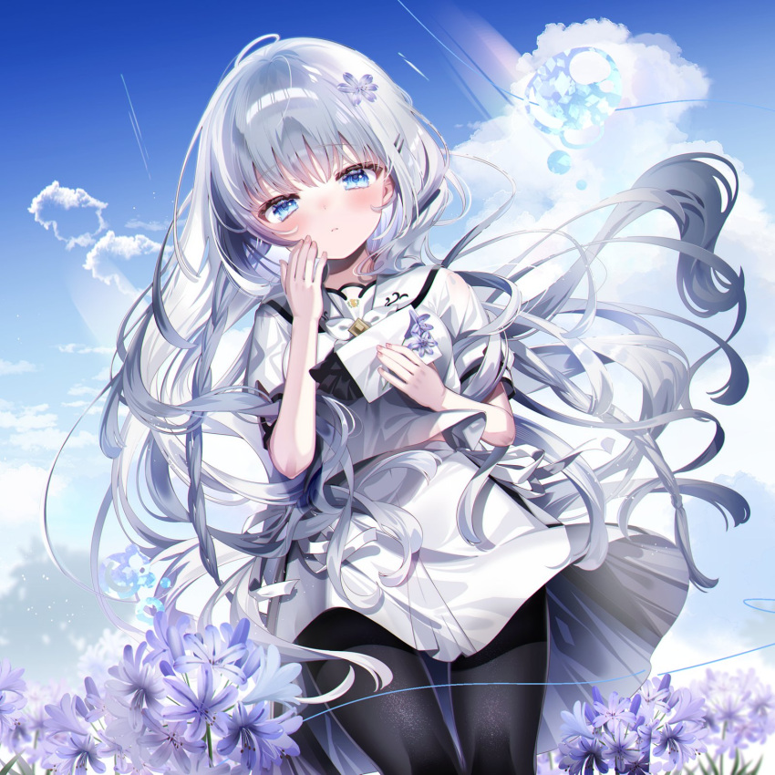 1girl blue_eyes blue_sky blunt_ends blush chi_no closed_mouth clouds cloudy_sky eyelashes flower hair_ornament hairclip highres long_hair looking_at_viewer naruse_shiroha shirt short_sleeves sidelocks skirt sky solo summer_pockets very_long_hair white_hair white_shirt