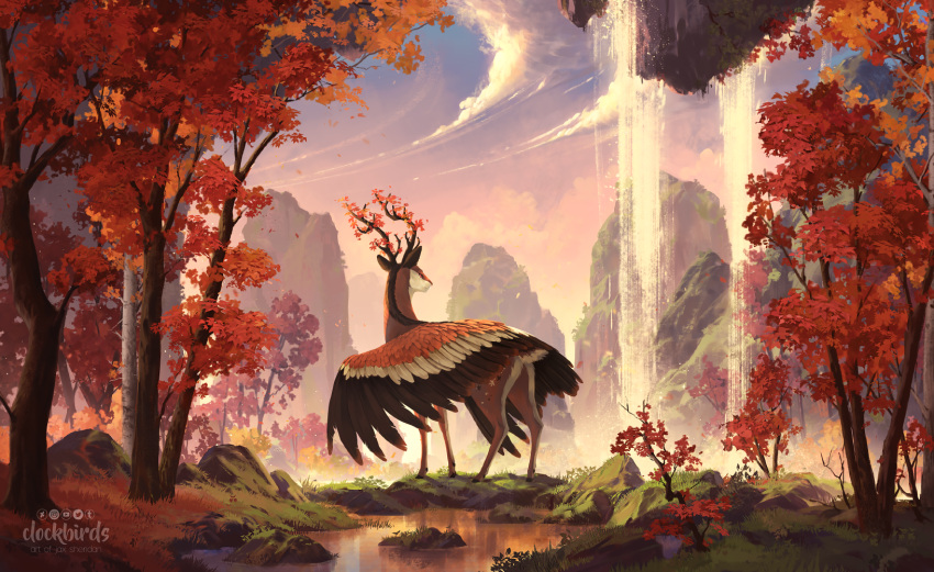 animal_ears animal_focus antlers artist_name autumn autumn_leaves clockbirds clouds commentary commission deer deer_ears deer_tail english_commentary falling_leaves feathered_wings gradient_sky highres horns lake leaf looking_afar making-of_available moss mountain no_humans orange_wings original pink_sky rock sky solo sunset tail tree watermark winged_animal wings