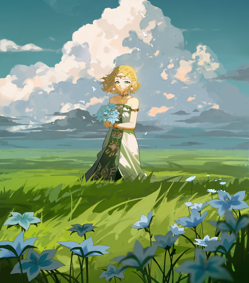 1girl absurdres armlet bare_shoulders blonde_hair blue_flower blue_sky bouquet braid chinese_commentary circlet clouds cloudy_sky collar collarbone commentary_request crown_braid day dress field flower grass green_eyes highres holding holding_bouquet horizon landscape looking_at_viewer molianmengdada outdoors pendant_collar pointy_ears princess_zelda scenery short_hair simple_bird single_braid sky smile solo standing strapless strapless_dress the_legend_of_zelda the_legend_of_zelda:_tears_of_the_kingdom white_dress wide_shot