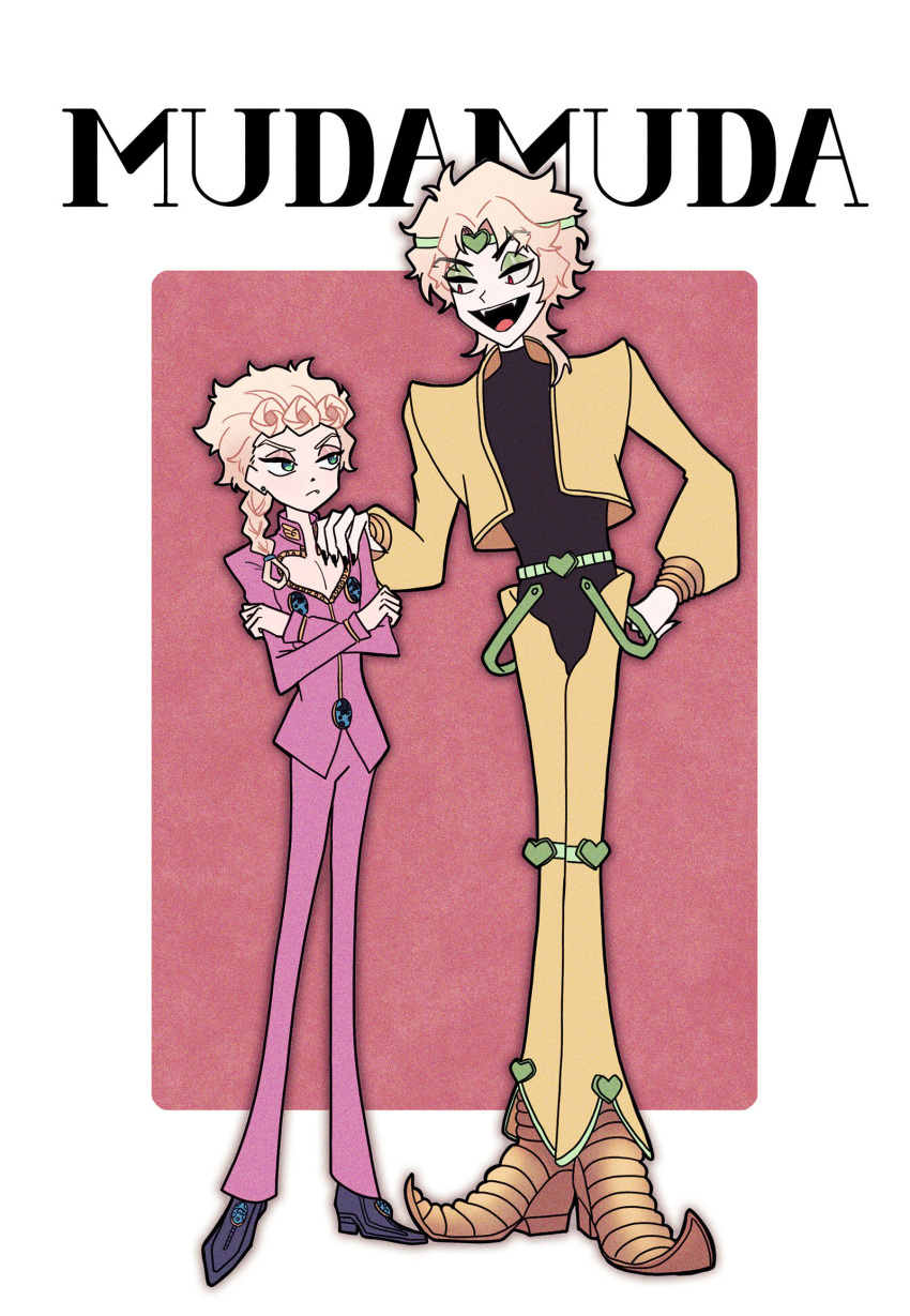 2boys blonde_hair braid chuchumimipupu commentary_request crossed_arms dio_brando fangs father_and_son frown giorno_giovanna green_eyes green_headband hair_over_shoulder hand_on_own_hip headband highres jacket jojo_no_kimyou_na_bouken knee_pads male_focus multiple_boys open_mouth pointy_footwear red_eyes single_braid smile stardust_crusaders vento_aureo yellow_jacket