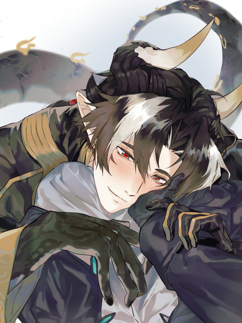 1boy 1other absurdres arknights arm_grab black_gloves black_hair black_horns blush brown_hair caressing_cheek chong_yue_(arknights) closed_mouth colored_extremities doctor_(arknights) dragon_horns dragon_tail earrings gloves gradient_background green_eyes hand_on_another's_face highres horns jewelry lap_pillow long_hair long_sleeves long_tail looking_at_viewer low_ponytail multicolored_eyes multicolored_hair pointy_ears pov red_eyes simple_background single_glove slit_pupils smile streaked_hair tail walhee221 white_background white_hair